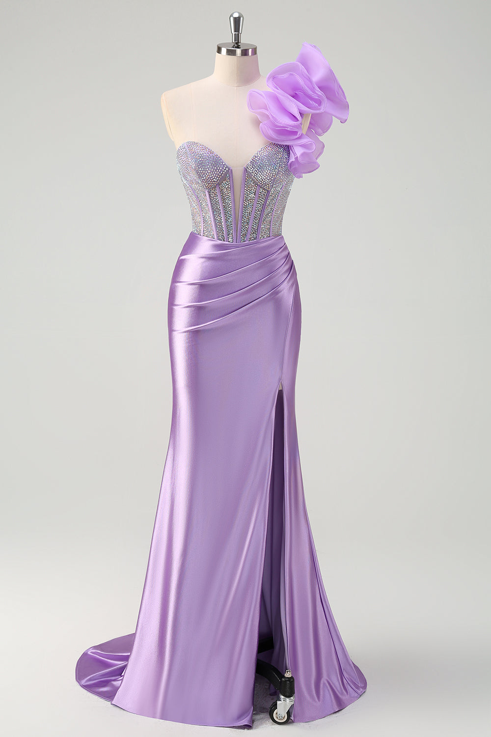 Sparkly Lilac Mermaid Beaded Corset One Shoulder Long Prom Dress with Slit