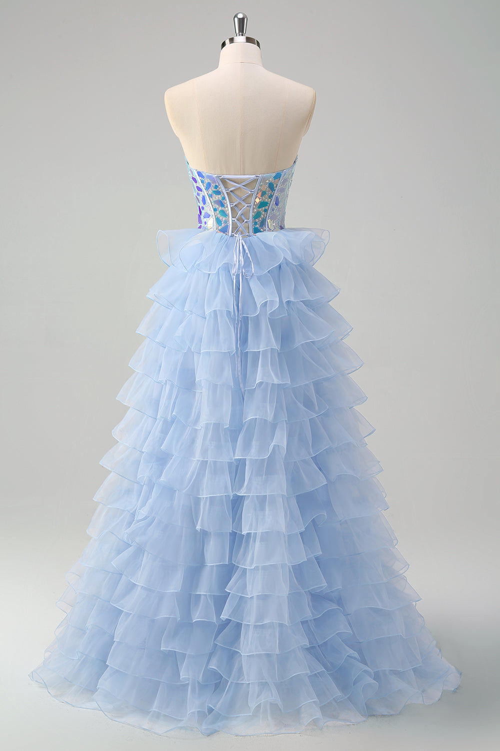 Blue A-Line Sweetheart Keyhole Corset Tiered Mirrors Ruffle Long Prom Dress