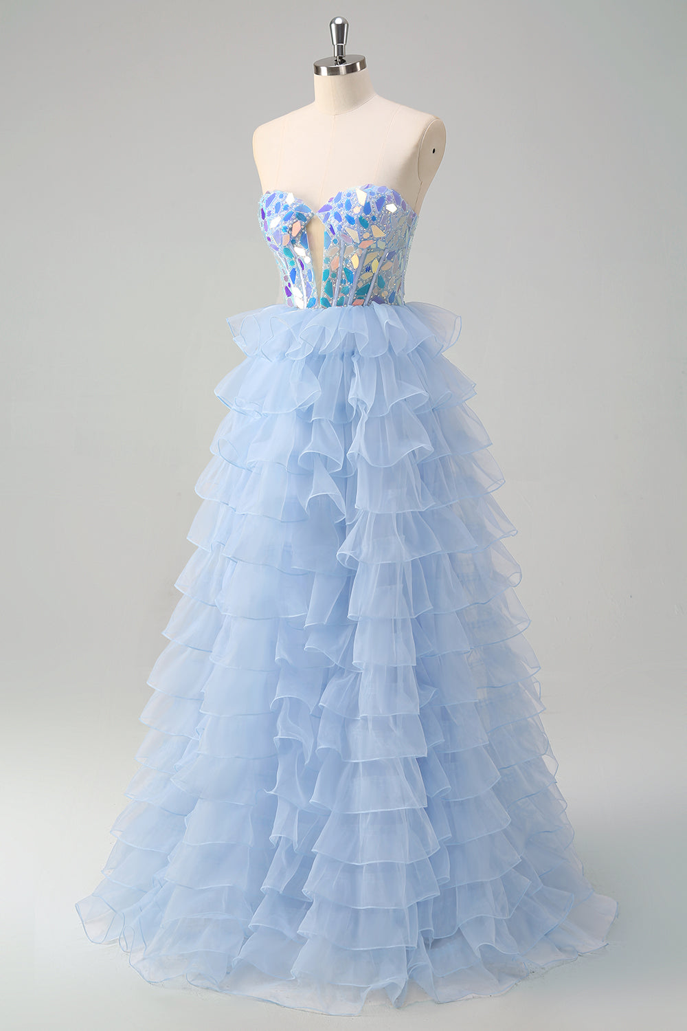 Blue A-Line Sweetheart Keyhole Corset Tiered Mirrors Ruffle Long Prom Dress