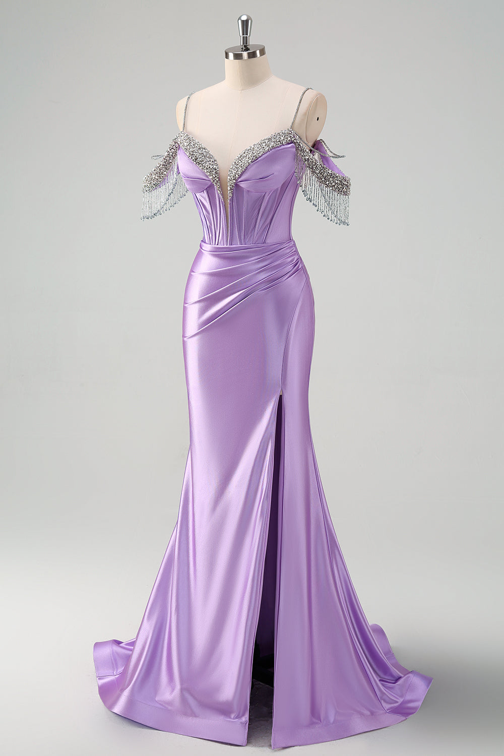 Sparkly Lilac Mermaid Cold Shoulder Tassels Satin Beaded Long Prom Dress with Slit