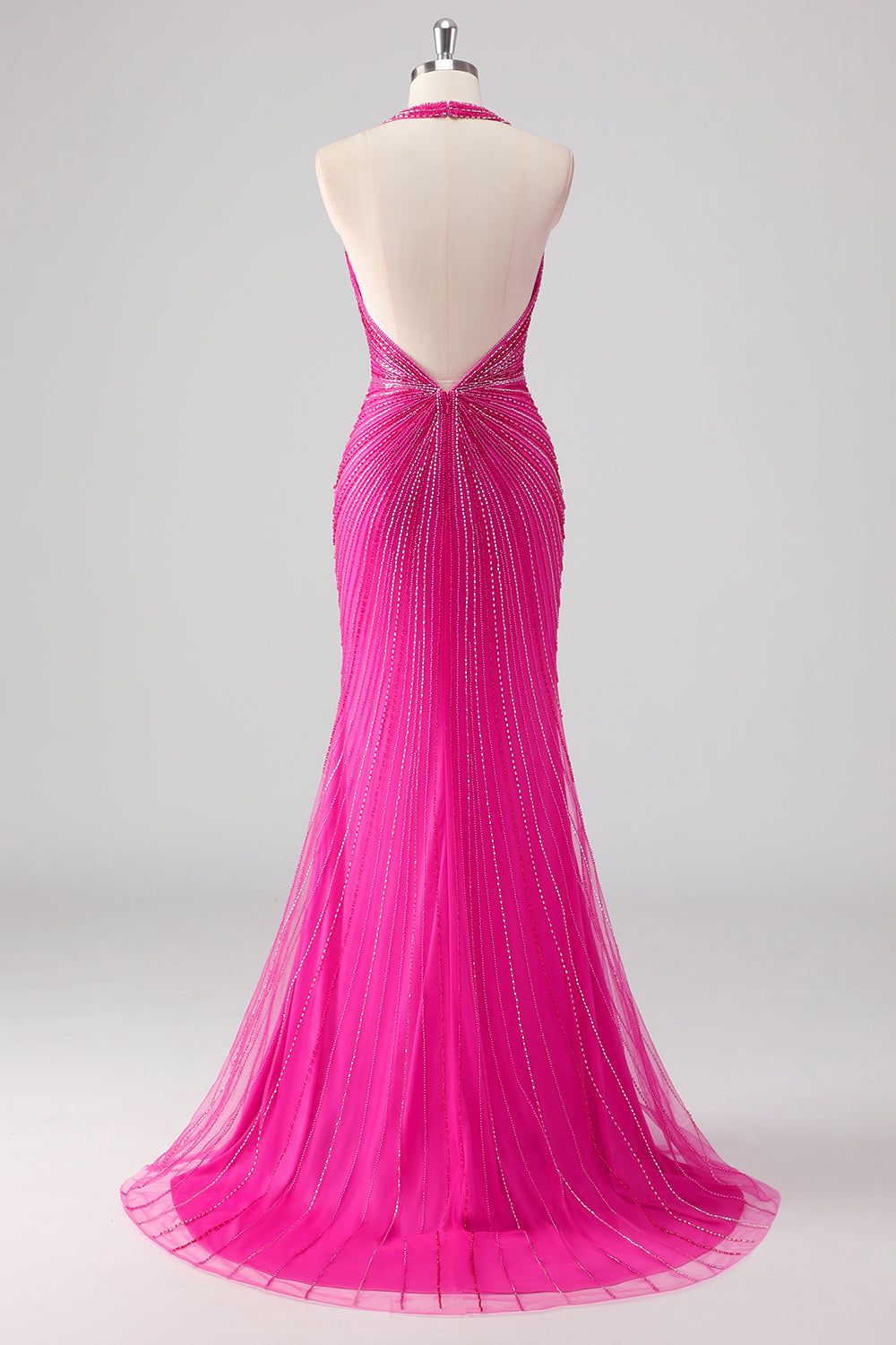 Fuchsia Mermaid Halter Open Back Beaded Long Prom Dress with Slit