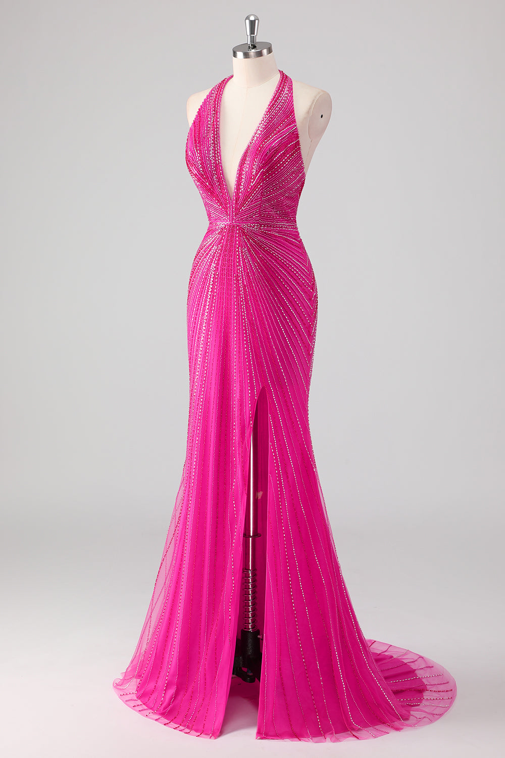 Fuchsia Mermaid Halter Open Back Beaded Long Prom Dress with Slit