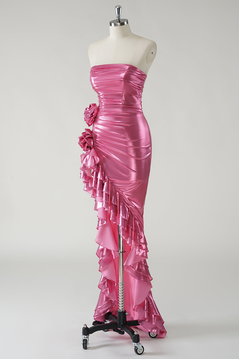 Sparkly Fuchsia Metallic Strapless Prom Dress with Slit