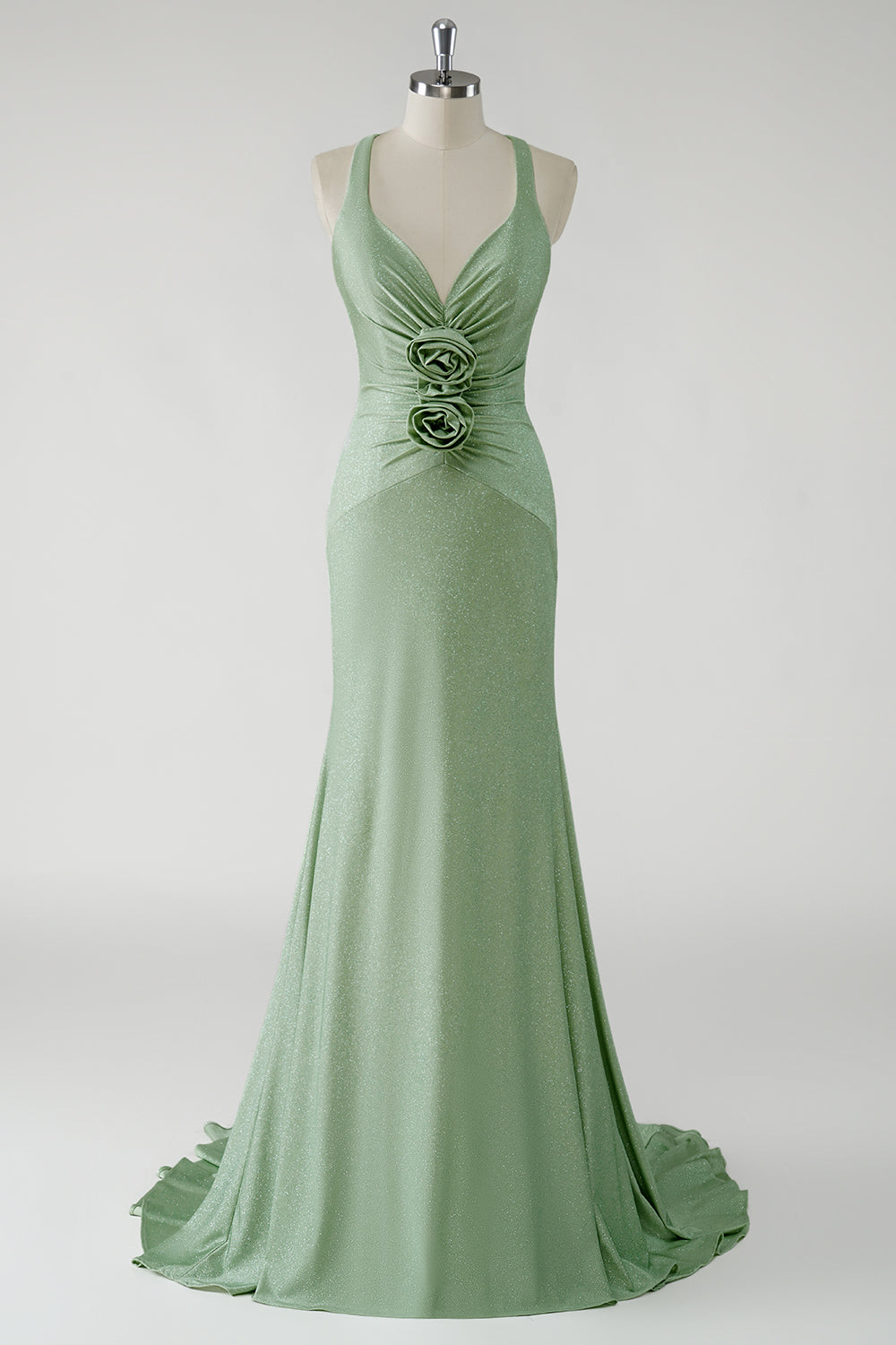 Sparkly Sheath Green Long Prom Dress with 3D Flowers