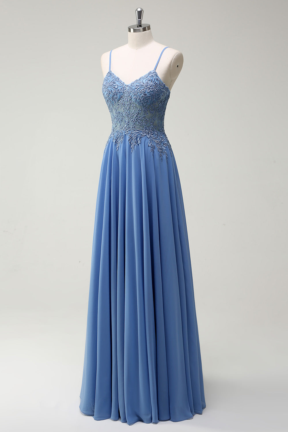 A Line Spaghetti Straps Pleated Long Prom Dress with Appliques