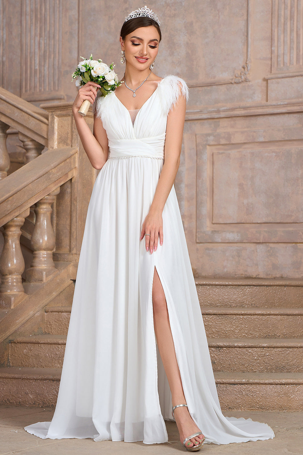 A Line White V Neck Long Party Dress With Slit