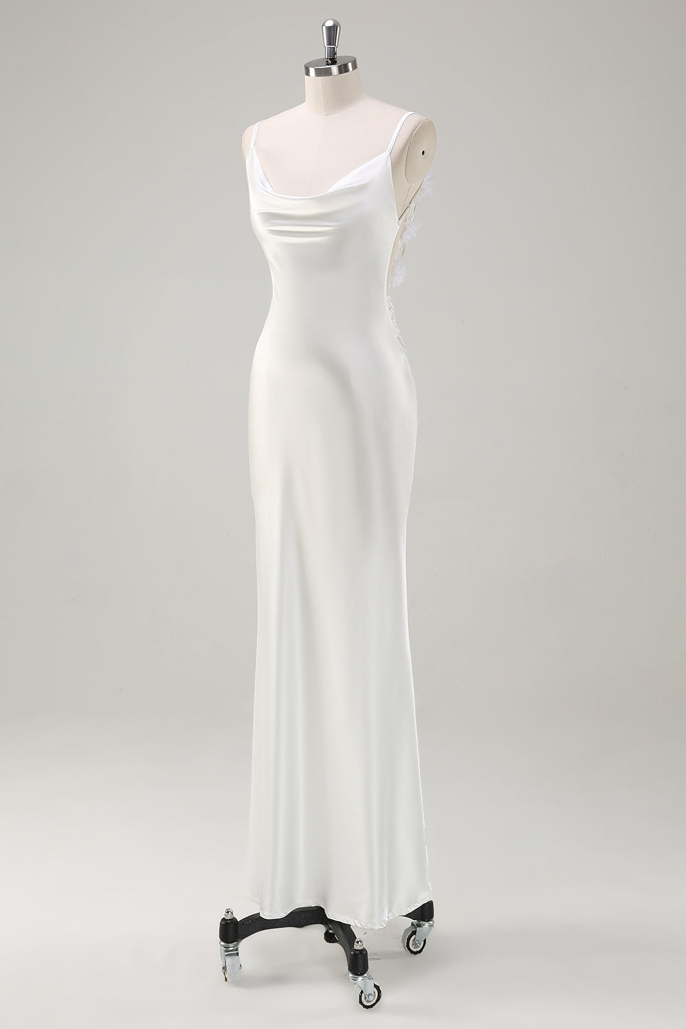 White Satin Cowl Neck Backless Prom Dress