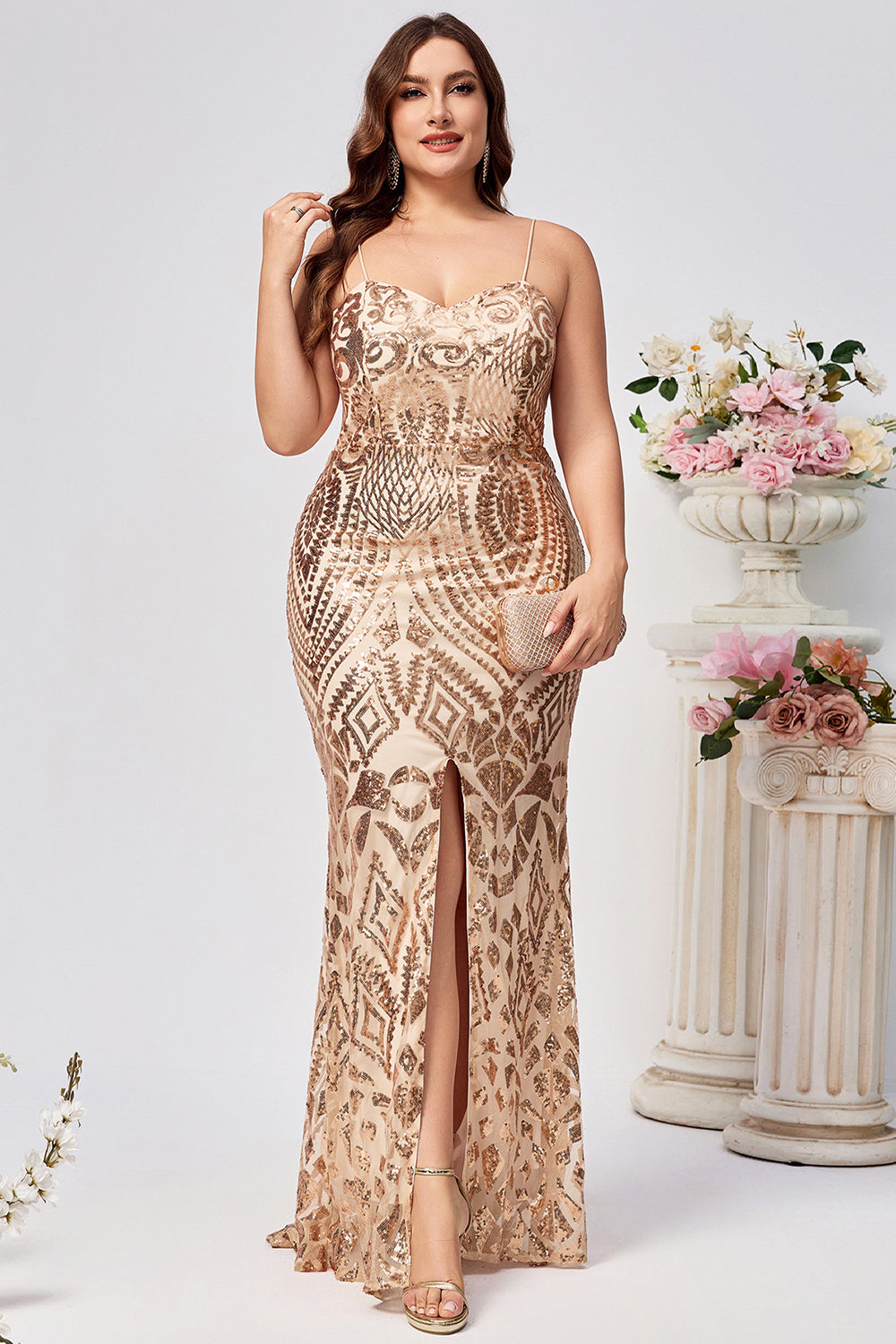 Sparkly Plus Size Golden Mermaid Sequin Embroidered Long Prom Dress with Split