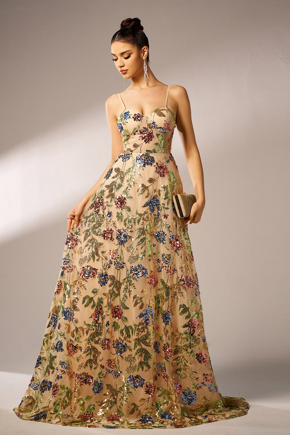 Sparkly Floral Apricot A-Line Long Prom Dress