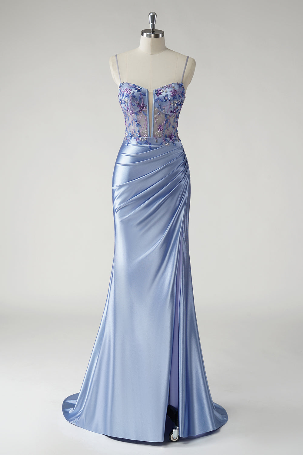 Sparkly Blue Mermaid Satin Floral Long Prom Dress with Slit