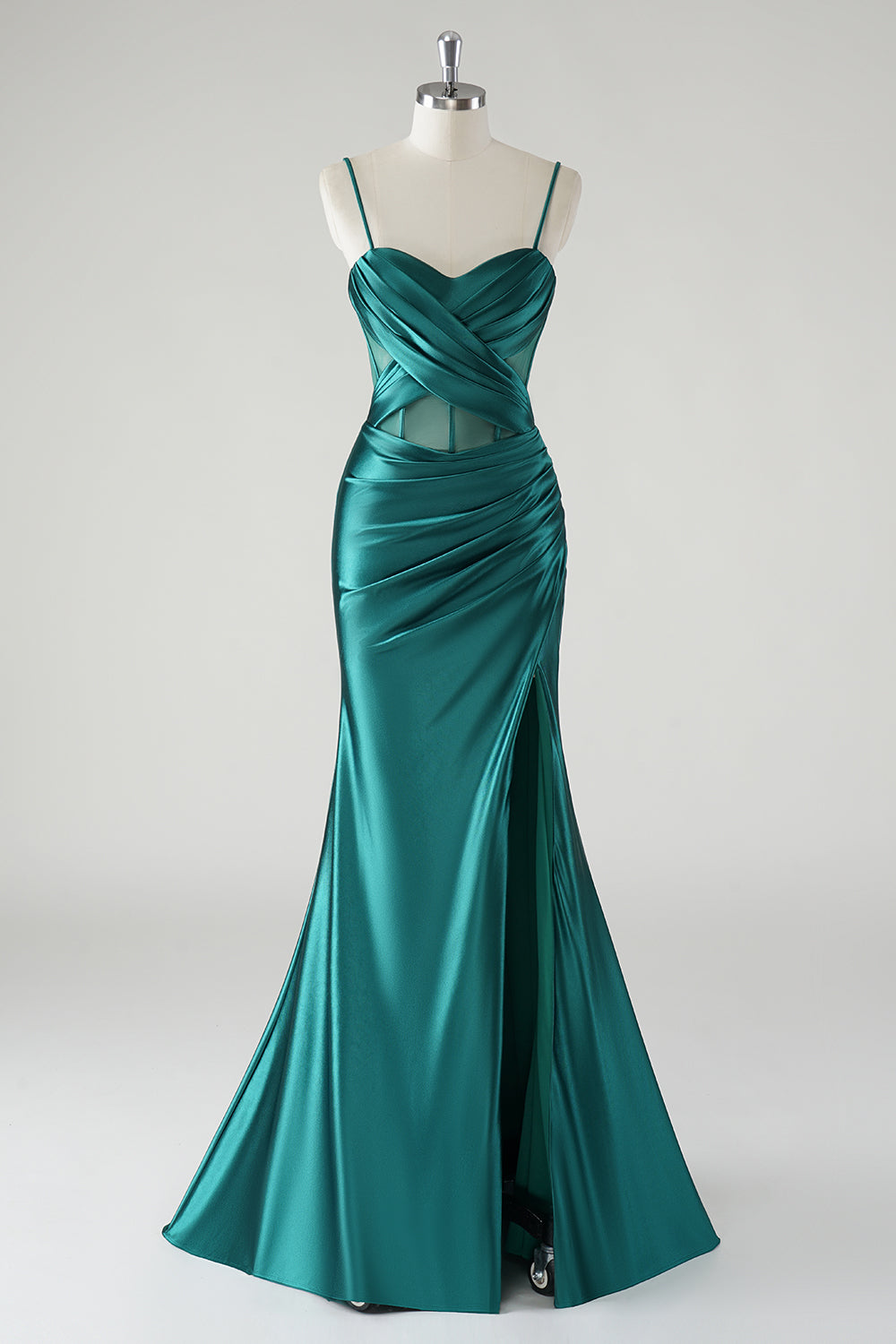 Dark Green Mermaid Satin Spaghetti Straps Long Prom Dress with Slit