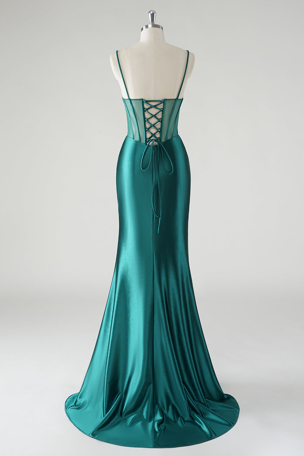 Dark Green Mermaid Satin Spaghetti Straps Long Prom Dress with Slit