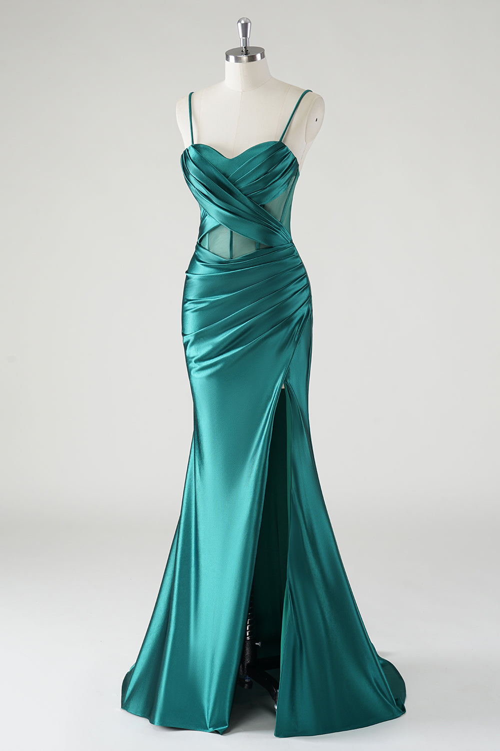 Dark Green Mermaid Satin Spaghetti Straps Long Prom Dress with Slit