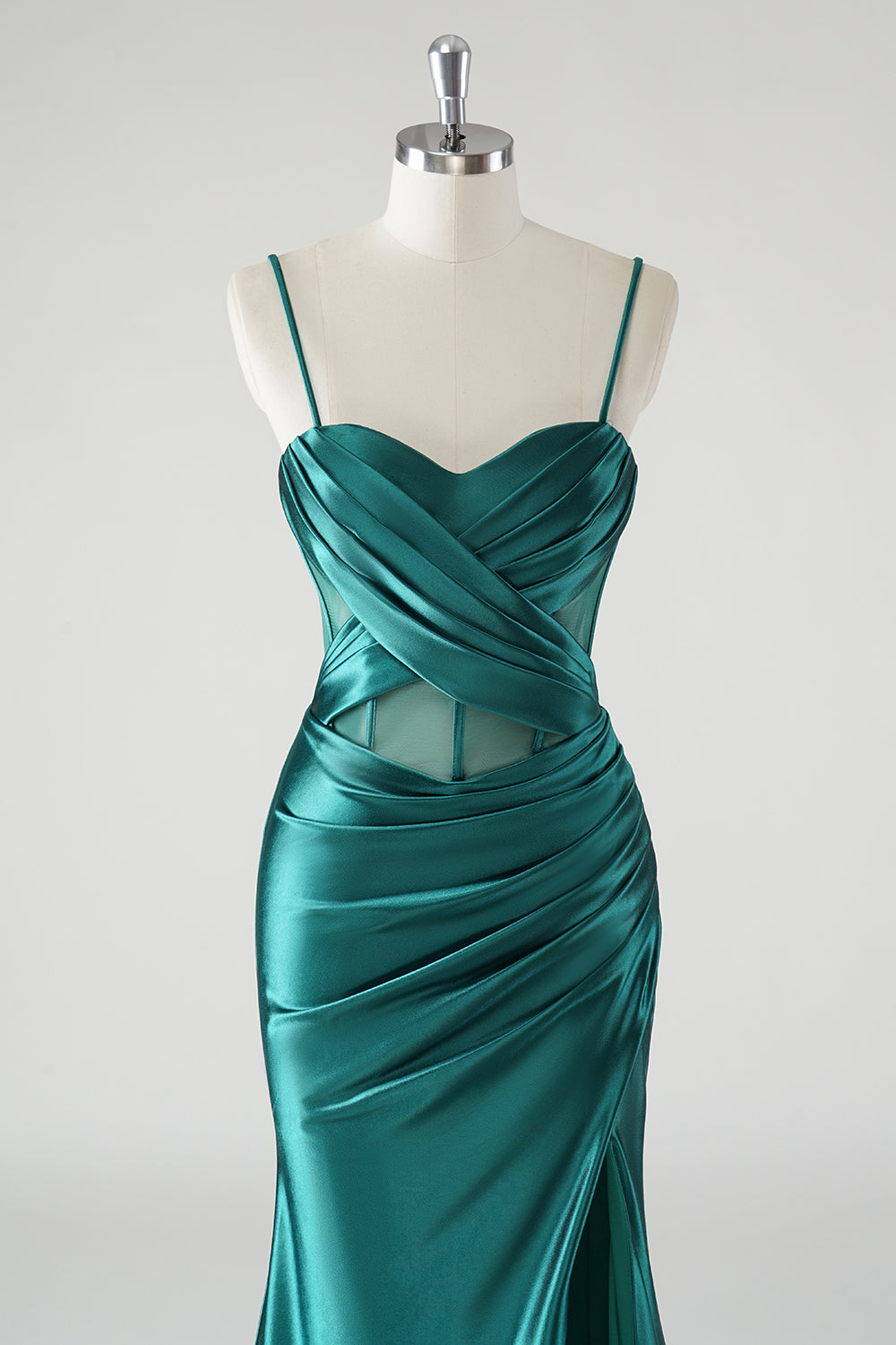 Dark Green Mermaid Satin Spaghetti Straps Long Prom Dress with Slit