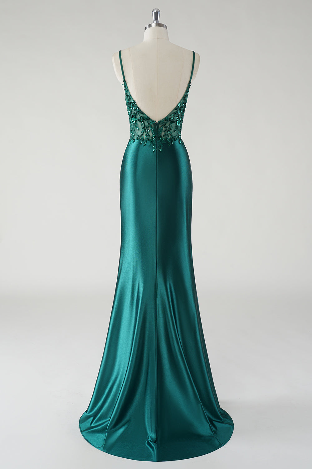 Sparkly Dark Green Spaghetti Straps Ruched Mermaid Prom Dress with Slit