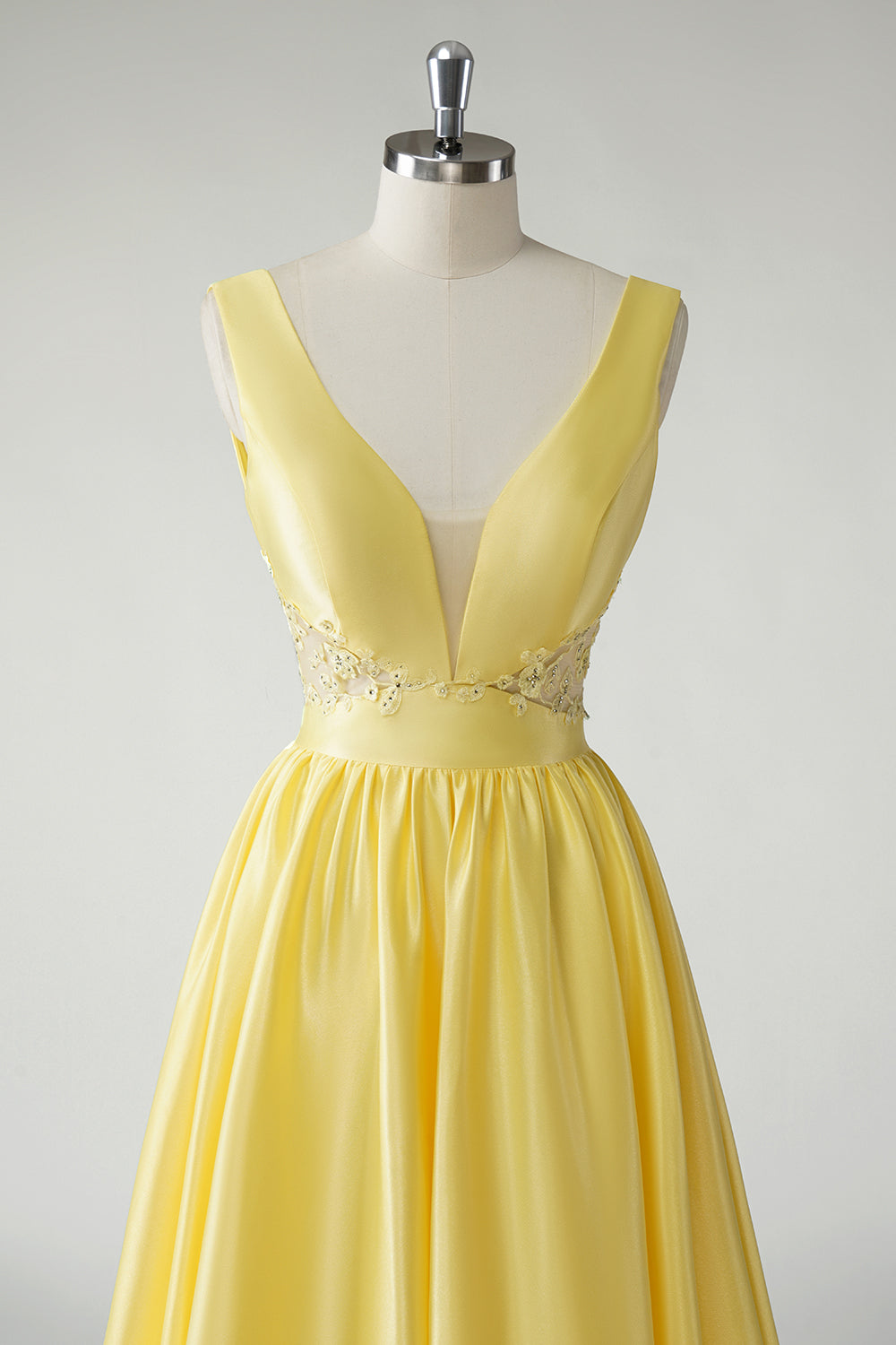 Yellow A Line Deep V-Neck Long Prom Dress