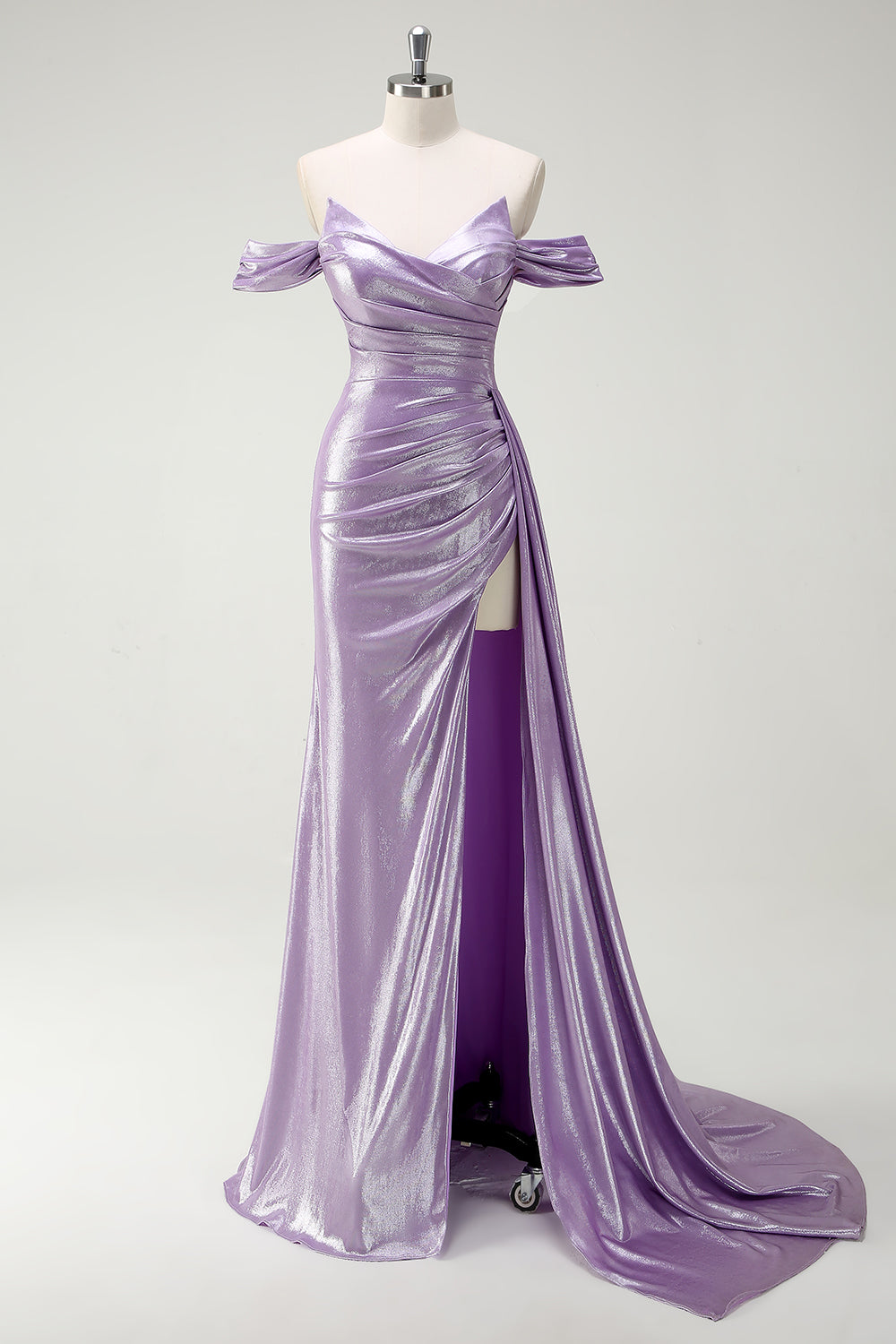 Sparkly Off The Shoulder Lilac Ruched Side Cape Prom Dress with Slit