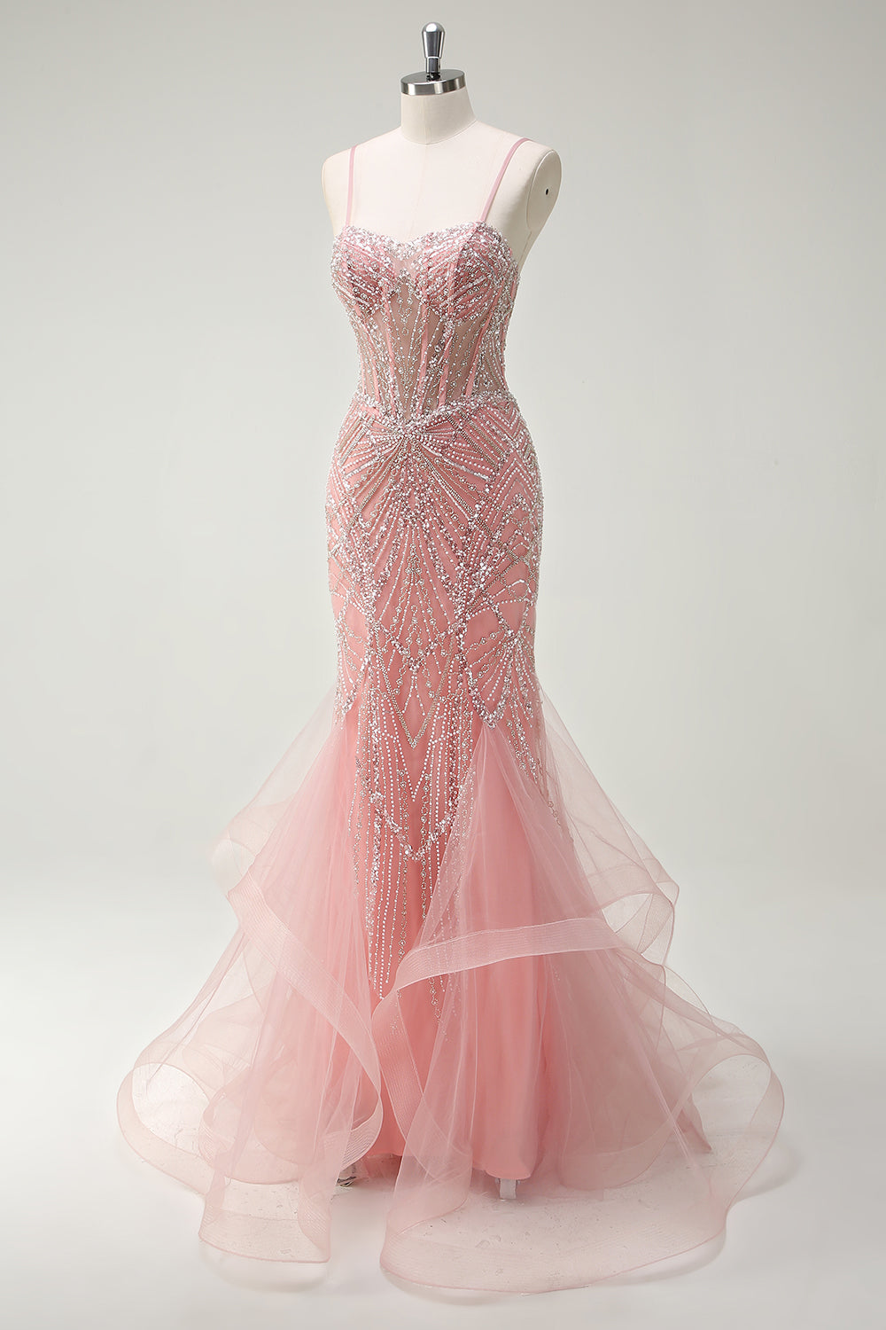 Sparkly Pink Mermaid Spaghetti Straps Corset Long Prom Dress