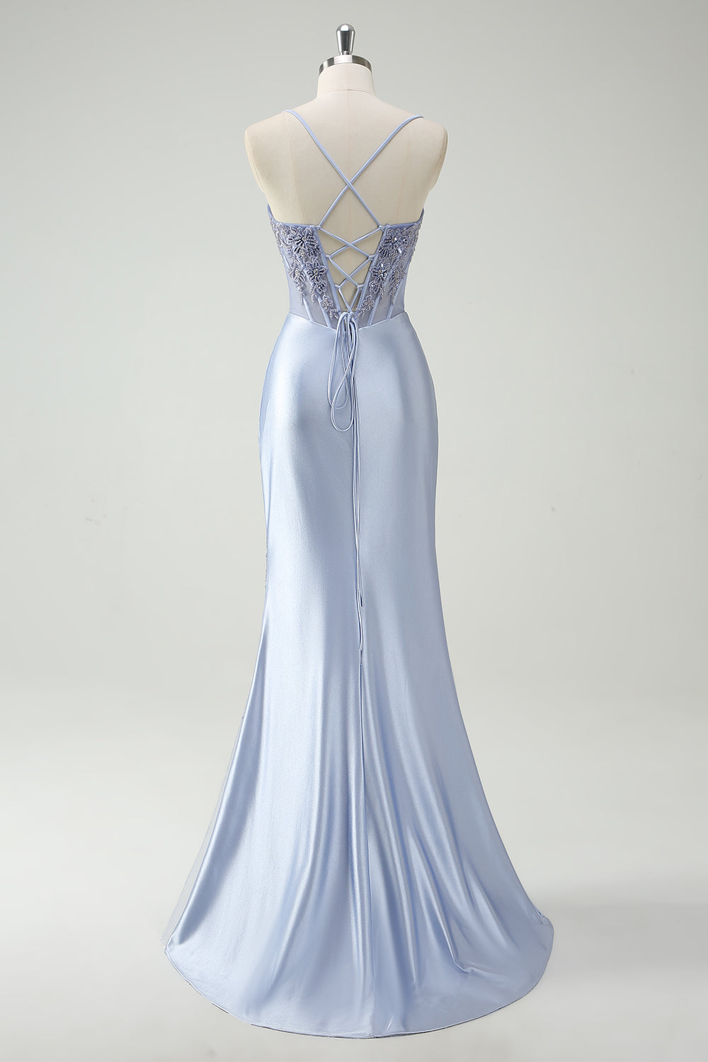 Light Blue Mermaid Ruched Long Prom Dress with Appliqued Beading