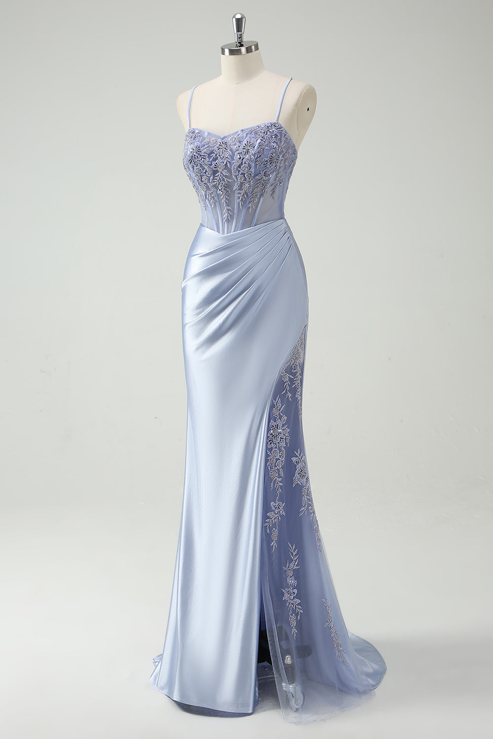 Light Blue Mermaid Ruched Long Prom Dress with Appliqued Beading