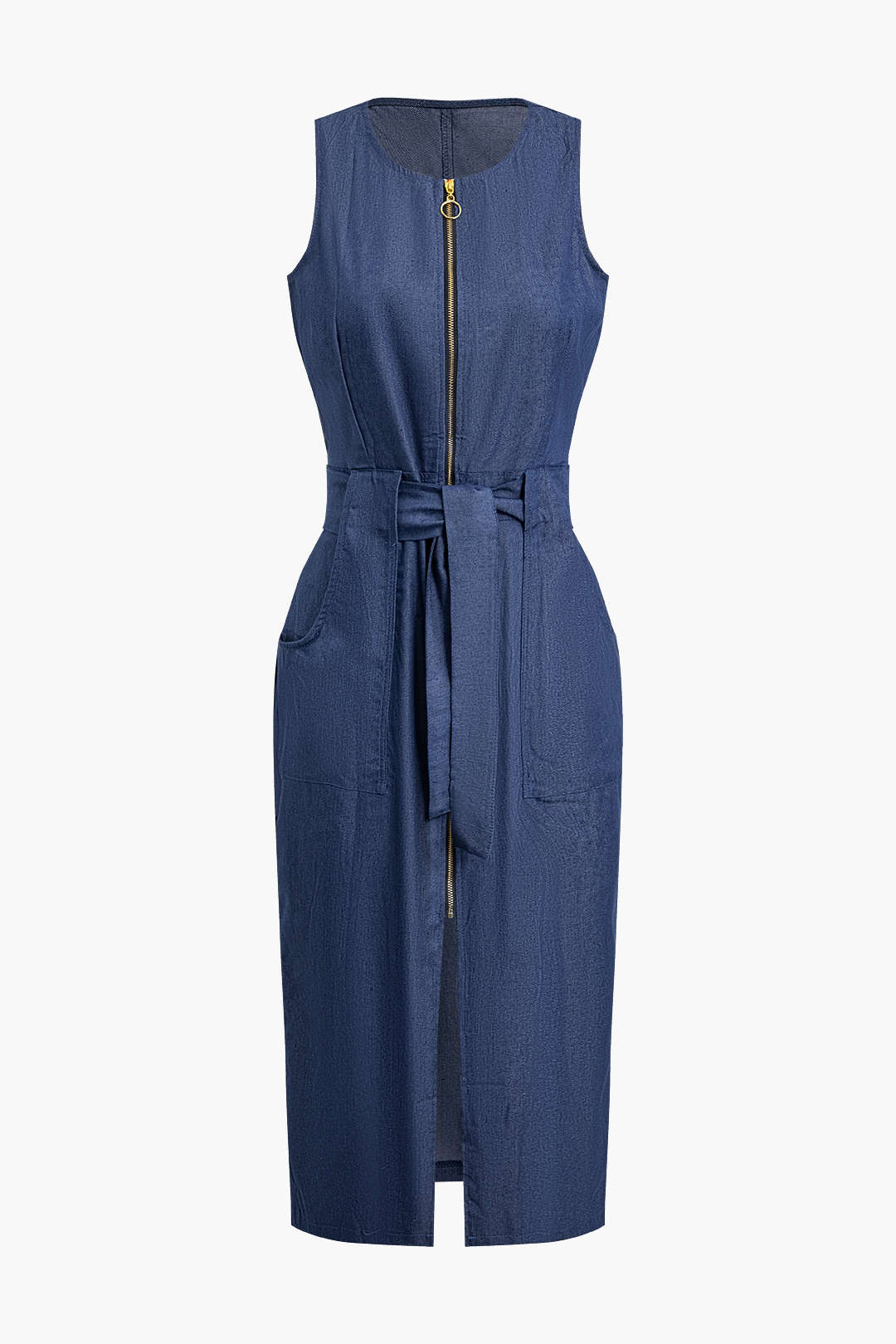 Zipper Belted Slit Sleeveless Denim Midi Dress - Fashionpara