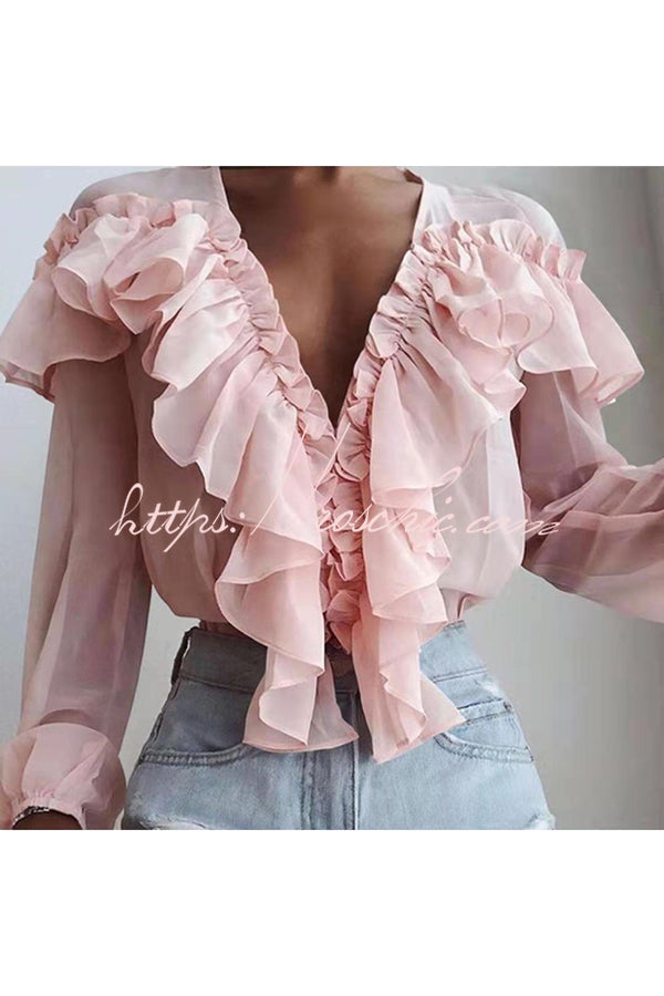 Spliced ruffled V Neck Pleated Long Sleeved Top