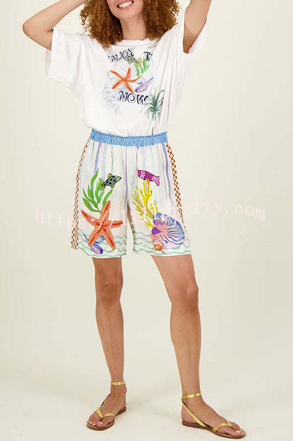 Coastal Seashell Satin Unique Print Pocket Loose Shirt and Elastic Waist Shorts Set - Fashionpara