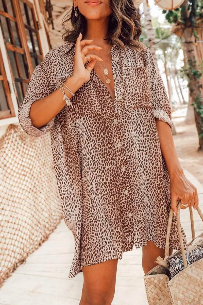 Turndown Collar Print Coffee Mini Dress