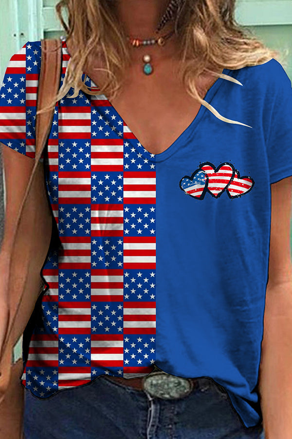 Independence Day Printed V Neck Short Sleeve T-Shirt