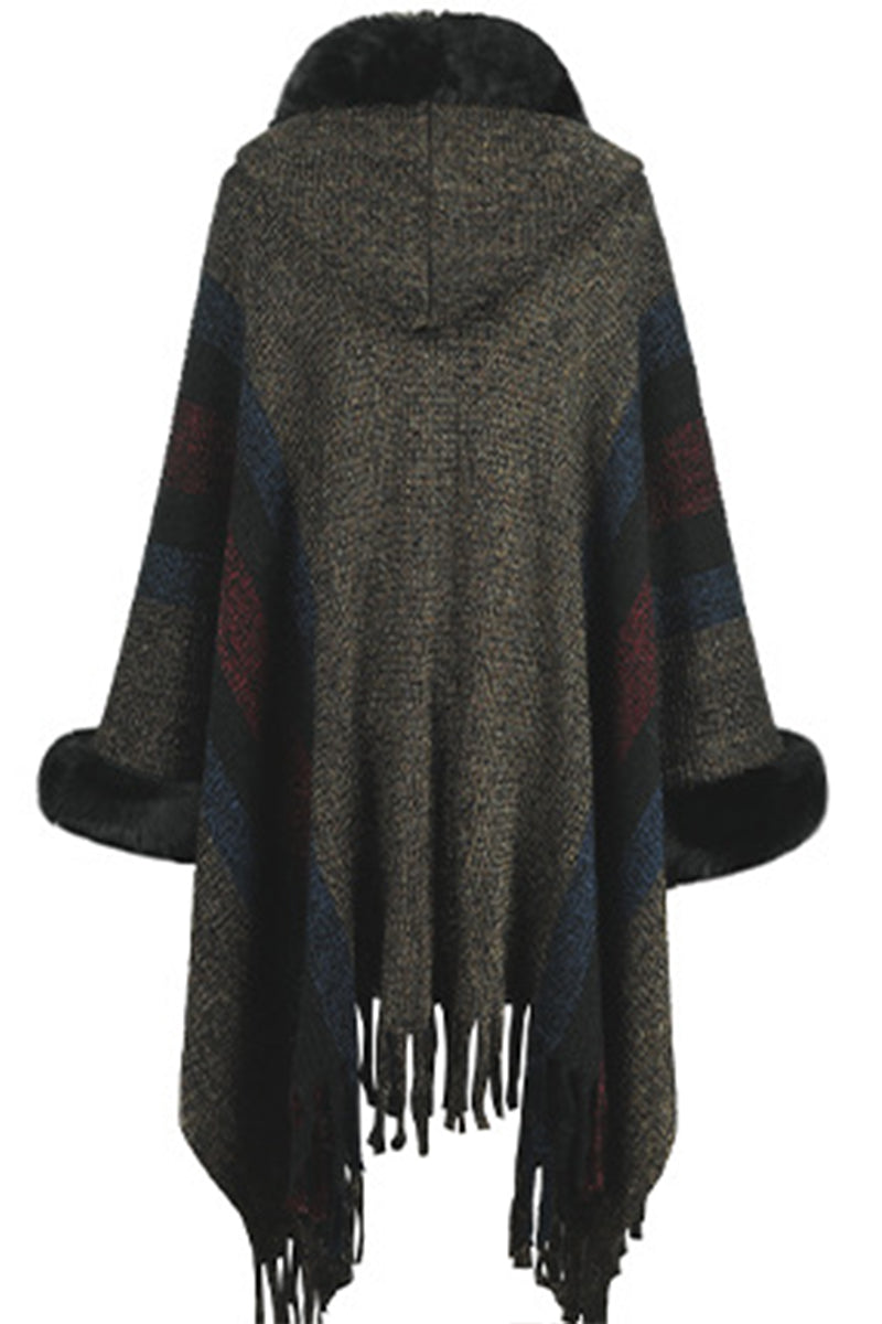 Hooded Multicolor Striped Fur Collar Fringed Knit Shawl Sweater