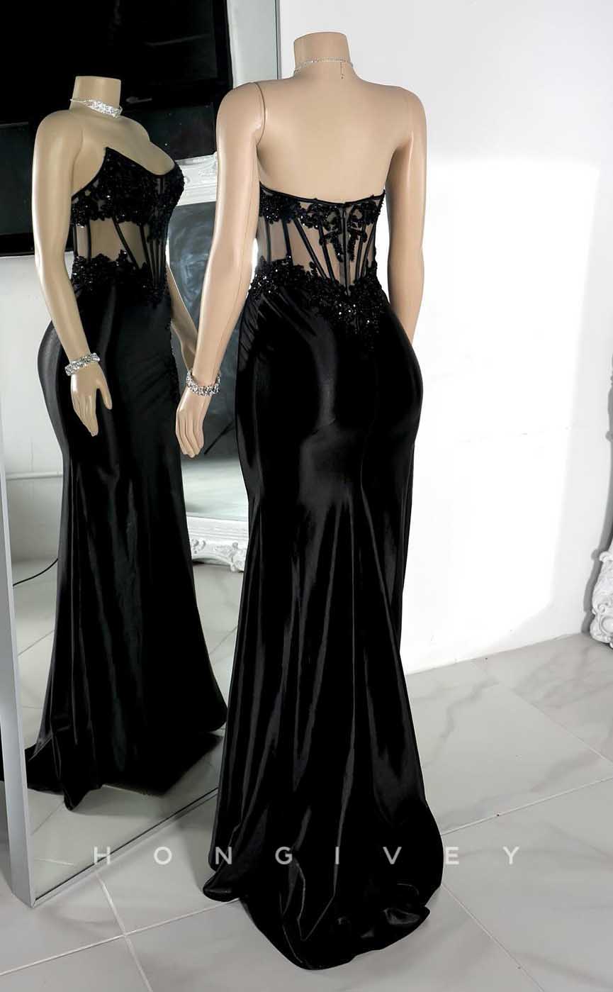 L2871 - Chic Satin Bateau Beaded Appliques Illusion With Side Slit Prom Evening Dress - Fashionpara