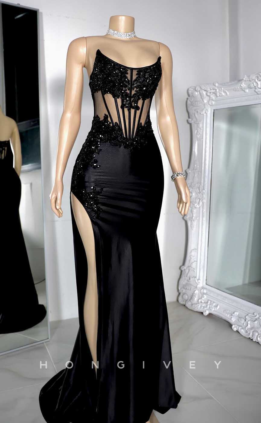 L2871 - Chic Satin Bateau Beaded Appliques Illusion With Side Slit Prom Evening Dress - Fashionpara