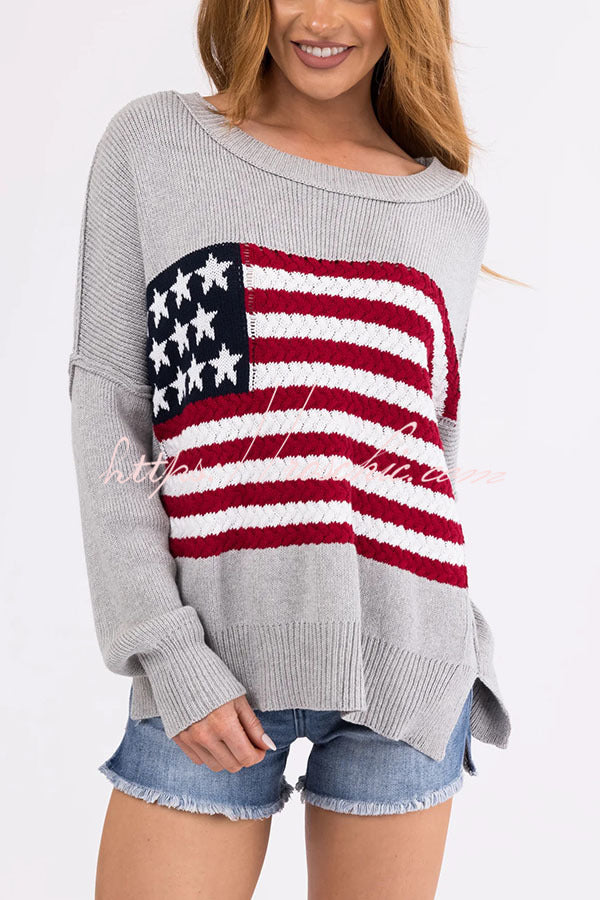 Independence Day Patchwork Long Sleeved Crew Neck Knitted Sweater