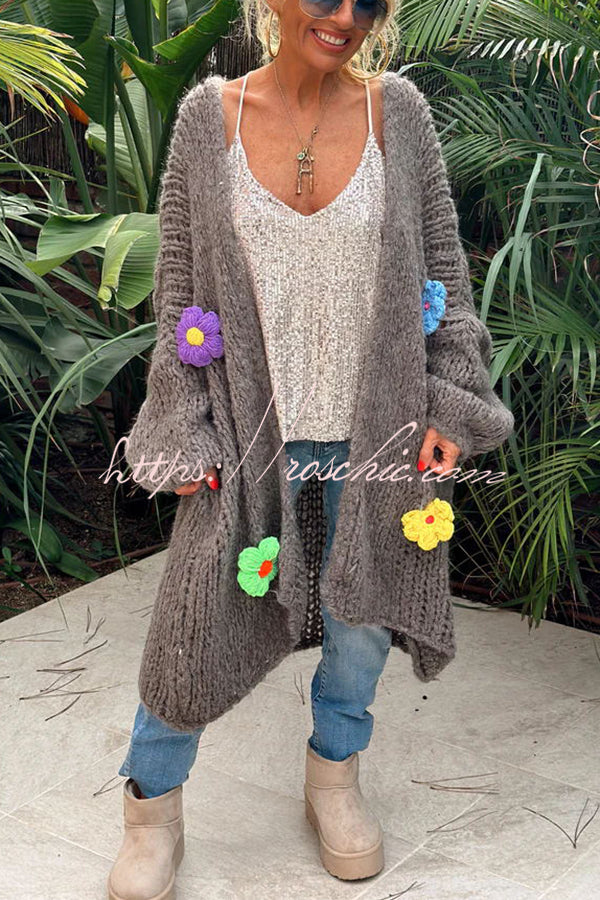 A Different Story Knit Hollow Out Multi Color 3D Flowers Oversized Midi Cardigan