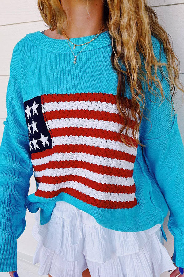 Independence Day Patchwork Long Sleeved Crew Neck Knitted Sweater