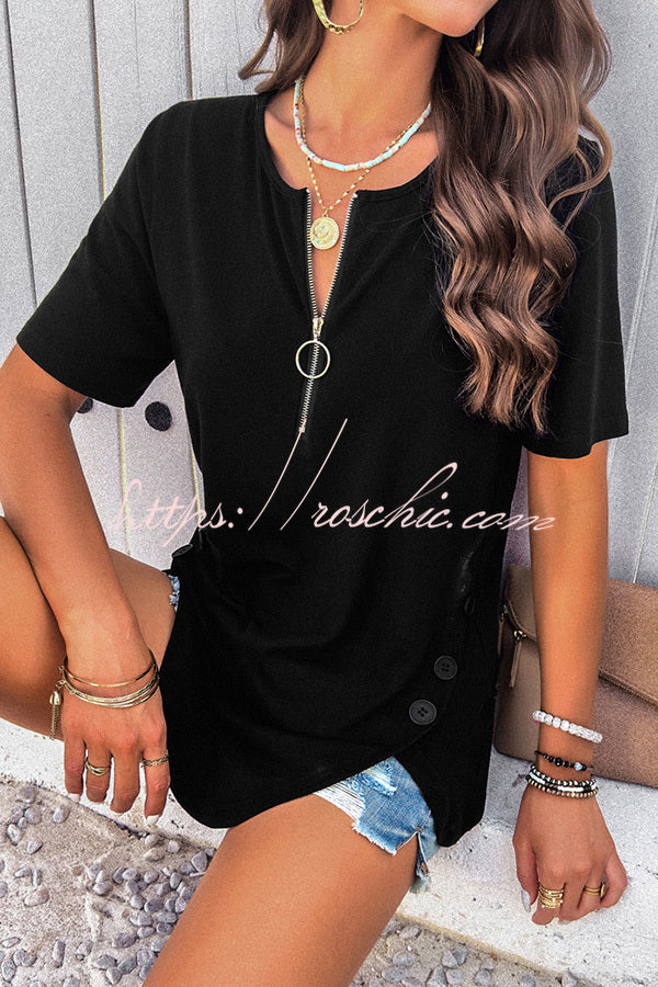 Plain Short Sleeved Zippered Slit Button T-Shirt