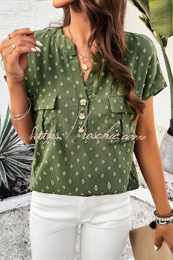 Simple Embroidered V Neck Pocket Button Down Short Sleeved Shirt