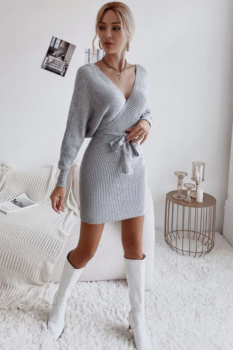 Wrap Batwing Sleeve Belted Cut Out Backless Sweater Dress