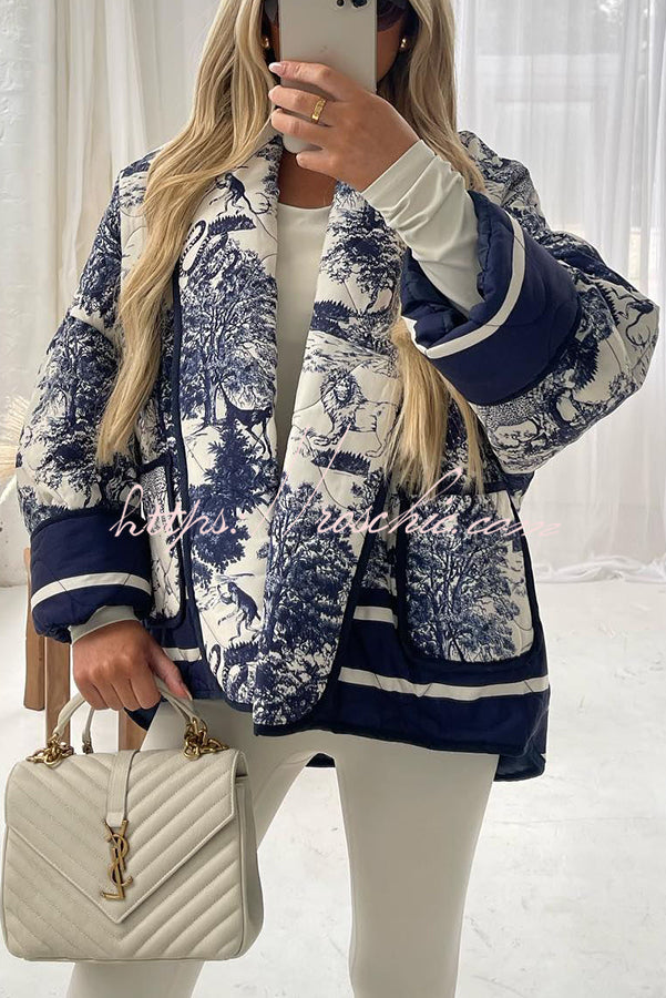 Romantic Songs Porcelain Ink Printed Pocket Quilted Cotton Kimono Jacket