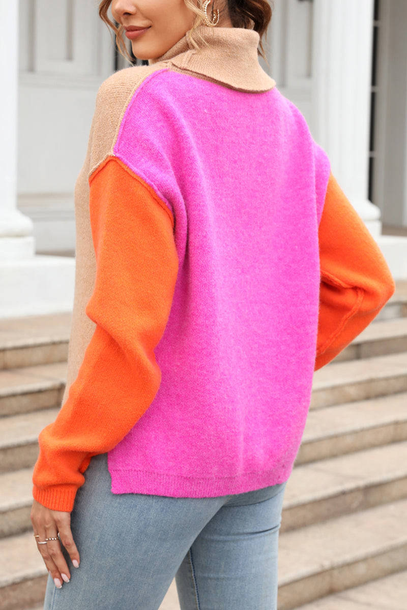 Turtleneck Paneled Color Block Pullover Sweater