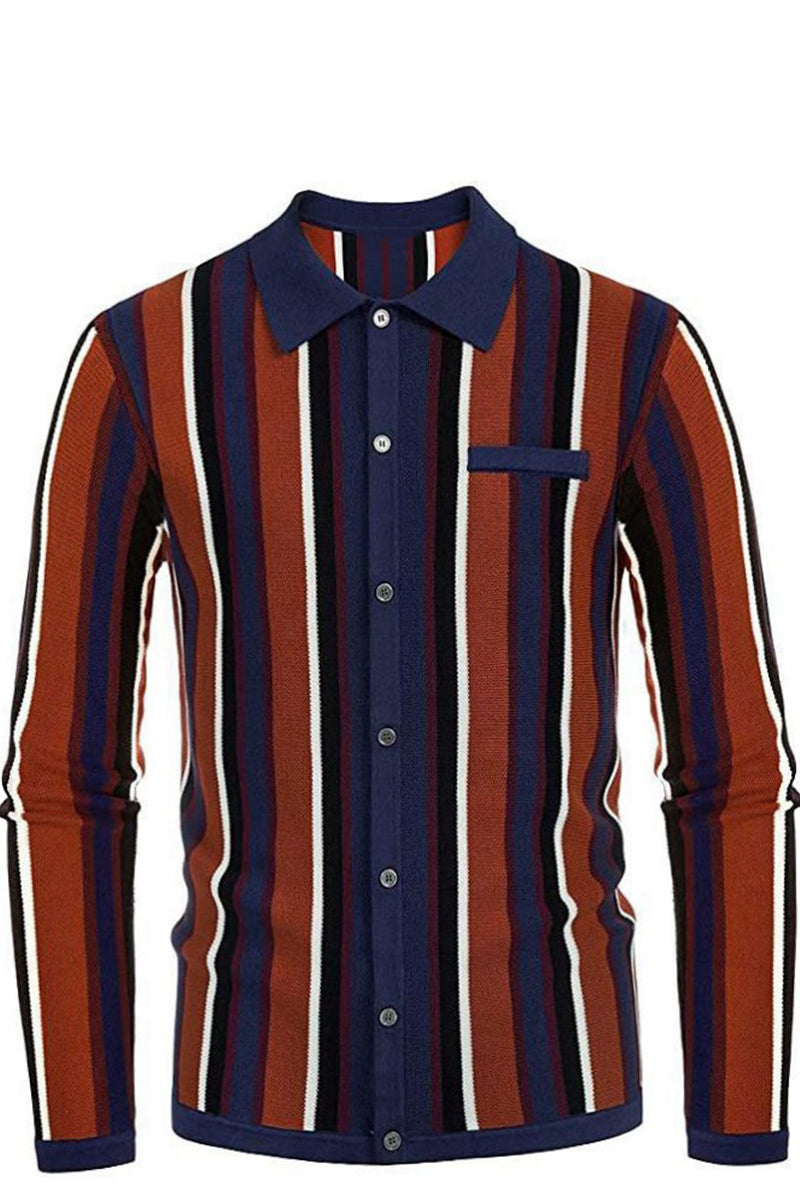 Men's Multicolor Striped Jacquard Knit Long Sleeve Polo Shirt