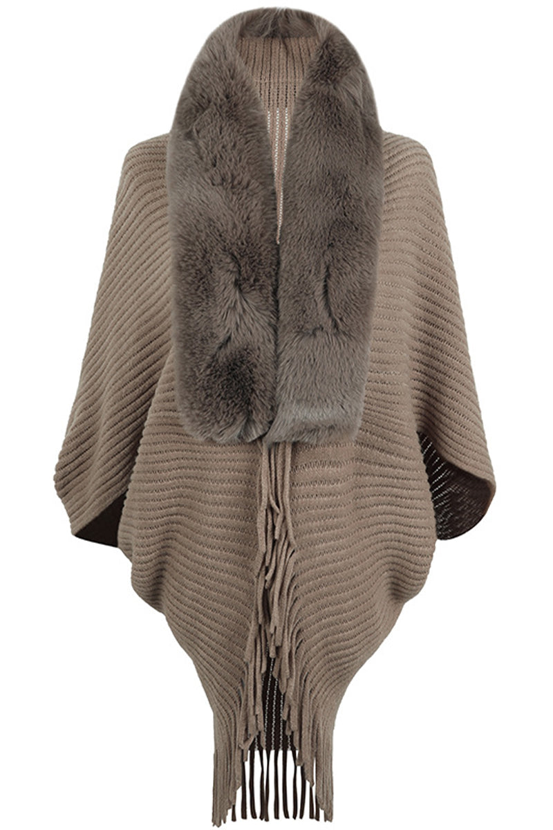 Fur Collar Fringed Knit Shawl Sweater