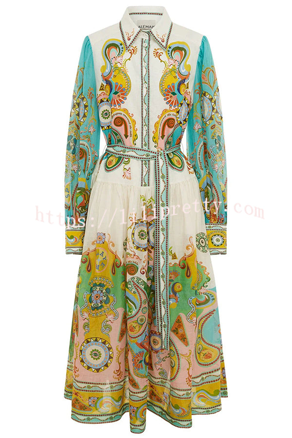 Hello Vacay Unique Print Balloon Sleeve Belt Shirt Midi Dress - Fashionpara