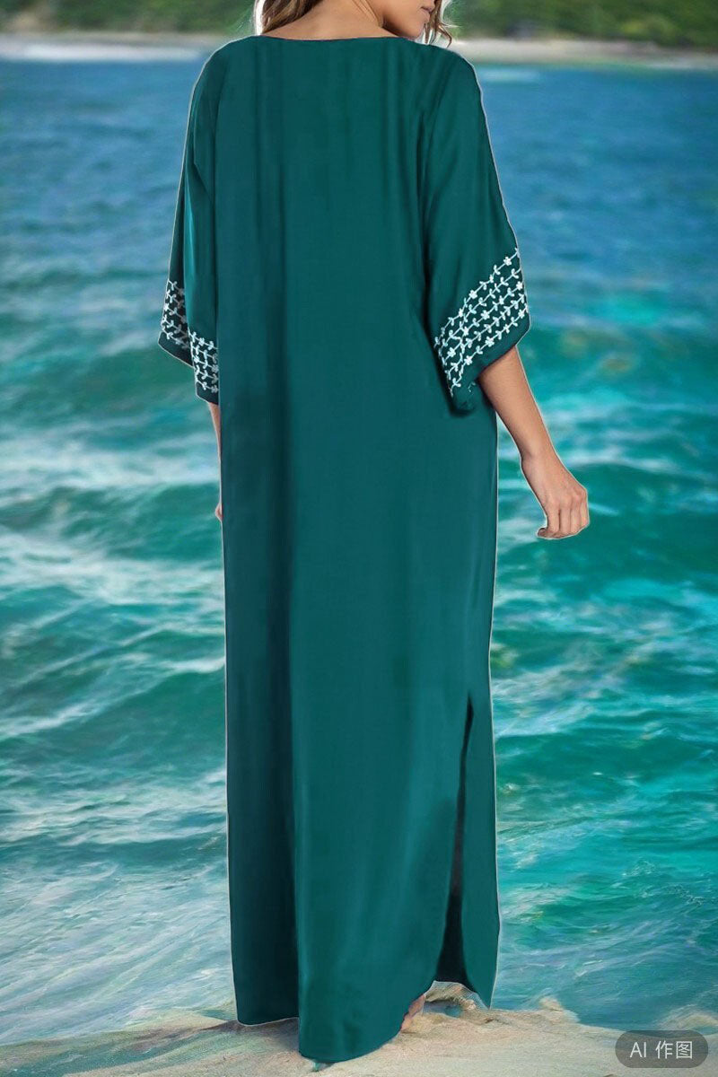 Beach Vacation Embroidered Round Neck Slit Cover Up Dress