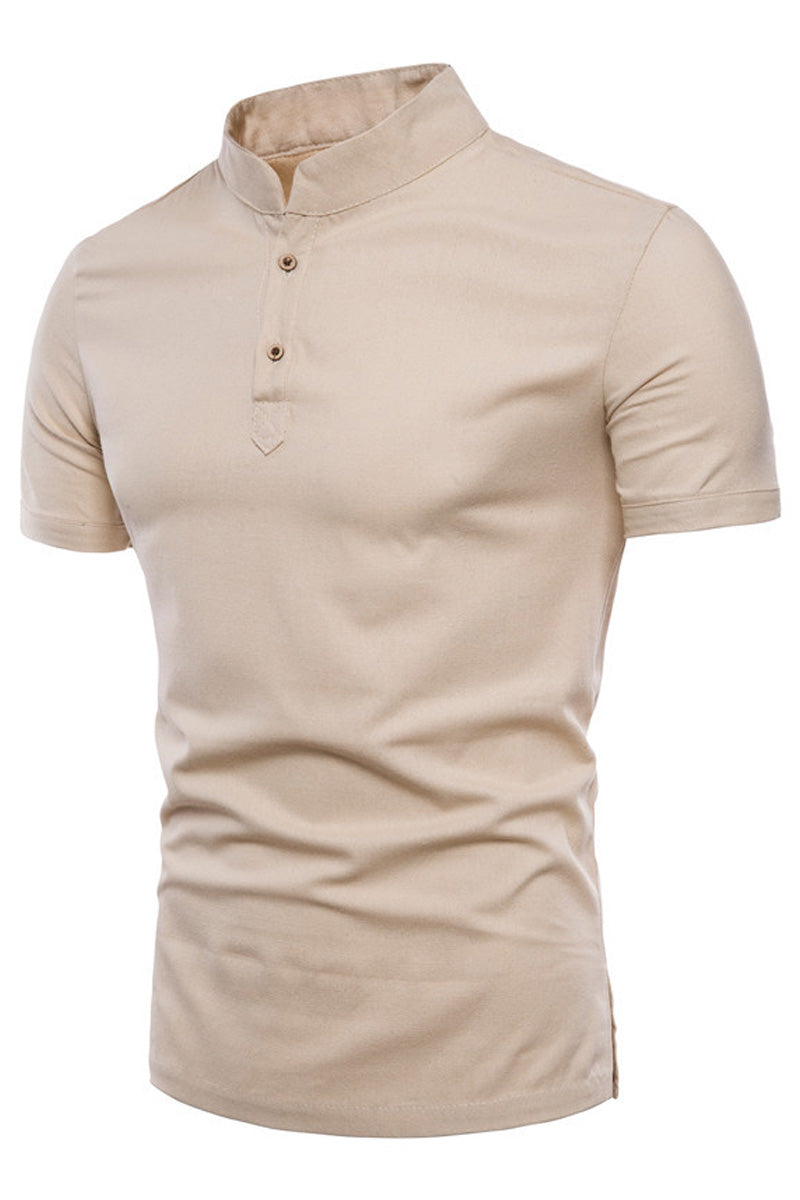 Men's Stand Collar Short Sleeve Cotton Linen Shirt