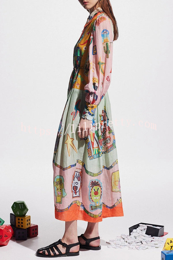 Set for Vacay Unique Print Colorblock Balloon Sleeve Belt Shirt Midi Dress - Fashionpara