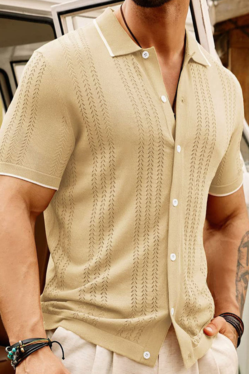 Summer Men's Business Casual Figure 8 Textured Polo Neck Short Sleeve Cardigan