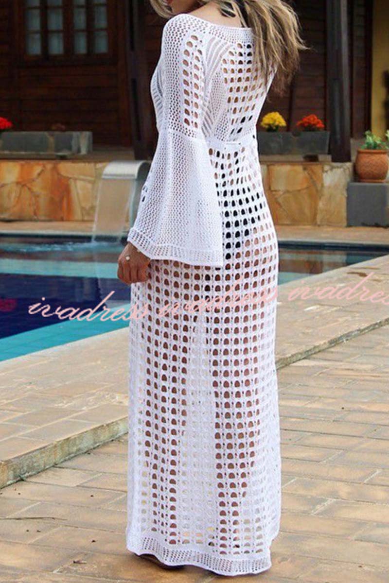 Flare Sleeve Knitted White Swimsuit Cover Up