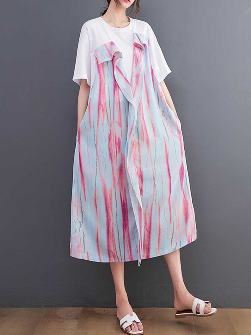 Cotton Tie-Dye Print Short Sleeves Midi Dress - Fashionpara