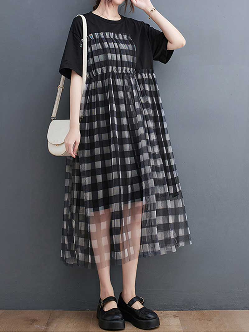 Plaid Round Neck Short Sleeves Smock Dress - Fashionpara